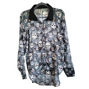 Mono B Women's Top M Medium Sheer Button-Up Skull Dark Green‎ Blouse Goth NWOT